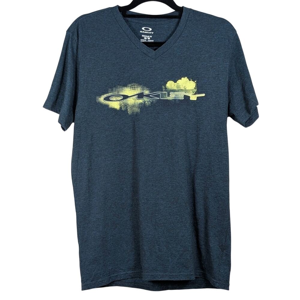 Y2K Oakley V-Neck Short Sleeve Regular Fit Logo T-Shirt Blue Yellow Medium